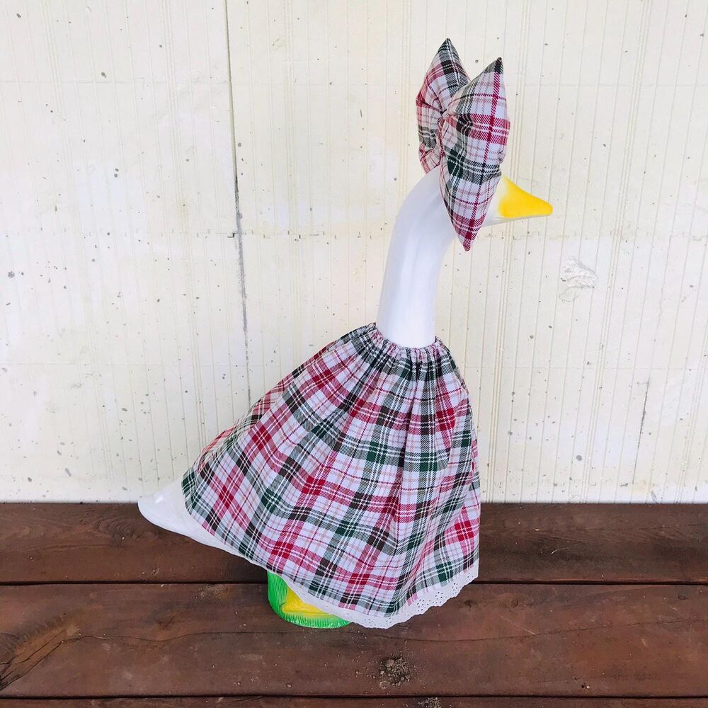 Porch Goose Dress & Bow Outfit For 18-23" Goose Handmade Christmas Plaid - Picture 10 of 13